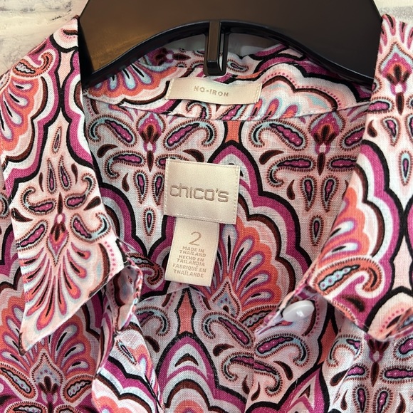 Chicos Sz 2 Women’s US 12 L 100% Linen Pink Paisley Button Up Blouse 3/4 Sleeve - Picture 7 of 8